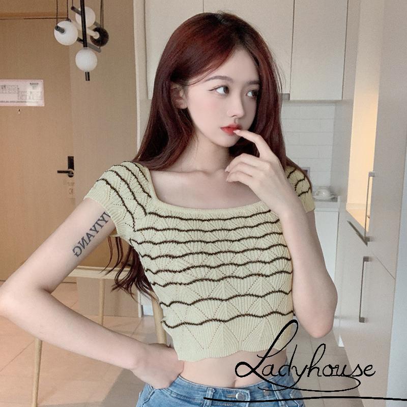 Áo Thun Croptop Dệt Kim Tay Ngắn Cổ Vuông Họa Tiết Kẻ Sọc Khoét Lỗ Thời Trang Cho Nữ