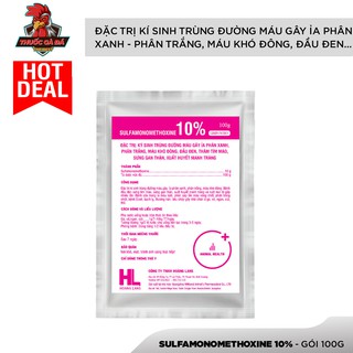 Sulfamonomethoxine 10% -máu khó đông, đầu đen, thâm tím mào, sưng gan thận, phân xanh, phân trắng....
