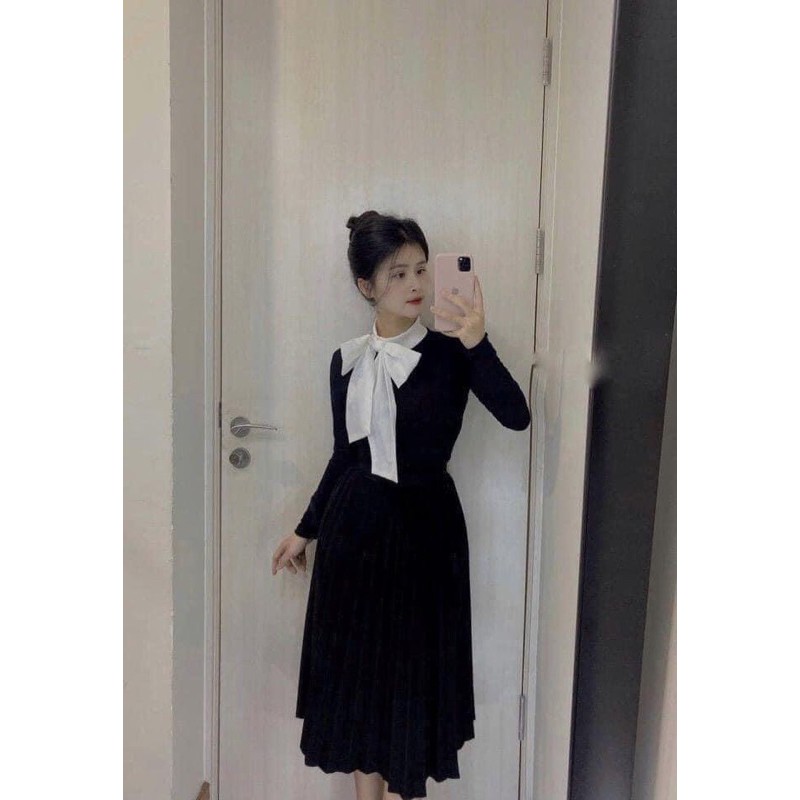 áo thun tăm cổ nơ mix trong dạ tweed hoặc vest