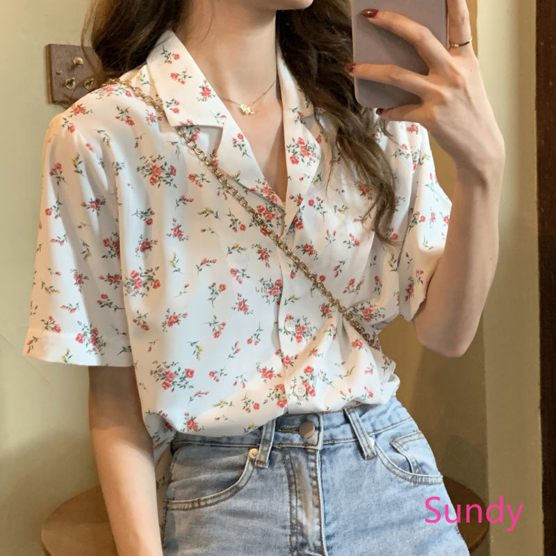 Áo Sơ Mi Chất Chiffon Hoạ Tiết Hoa Phong Cách Retro Cho Nữ