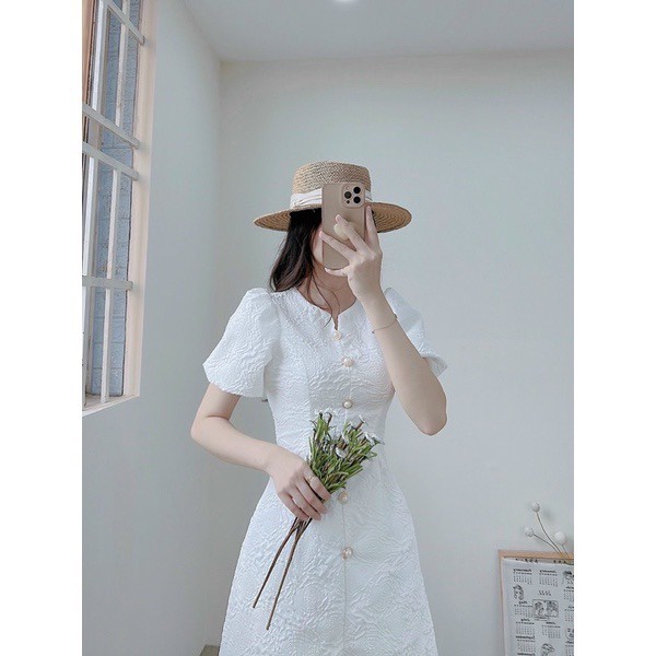 Đầm Dự Tiệc - Váy gấm tay bồng, Có khóa lưng, Đính cúc ngọc tinh tế dành cho các nàng đi dự tiệc Hk shop9720