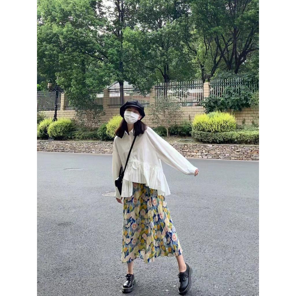 Áo Sơ Mi Dáng Rộng Dài Tay / Chân Váy Hoa Xếp Ly Thời Trang Sành Điệu 610