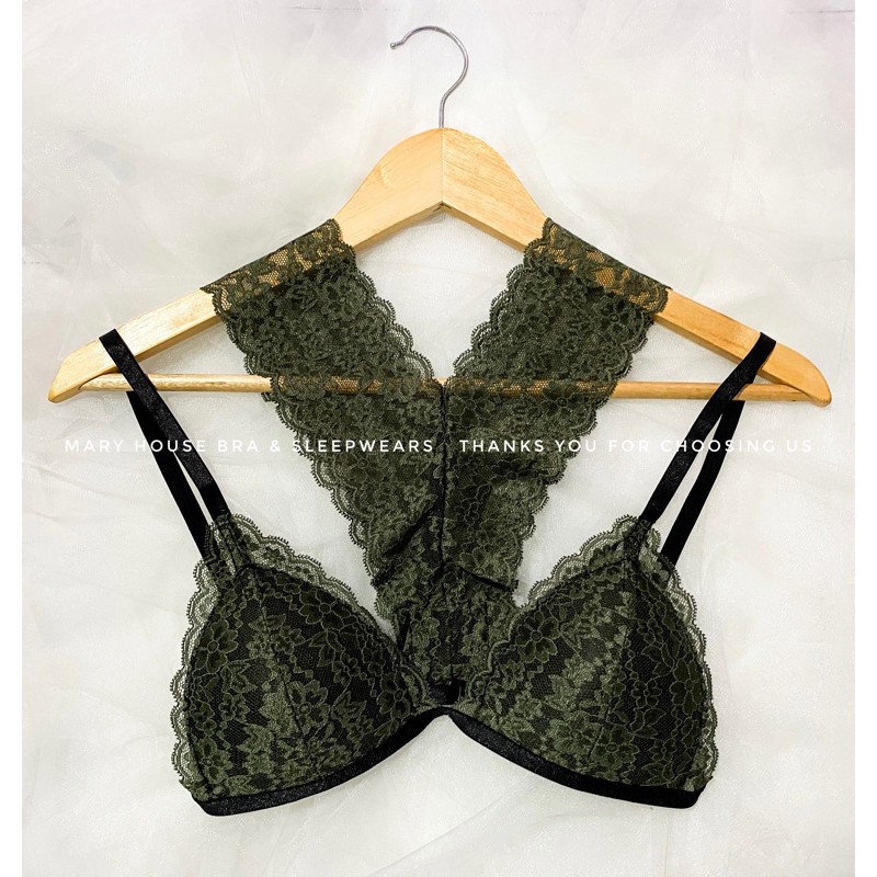 Bộ Đồ Lót Ren Mút Ngực Quần Y Xanh Rêu Mary House Bra & Sleepwears