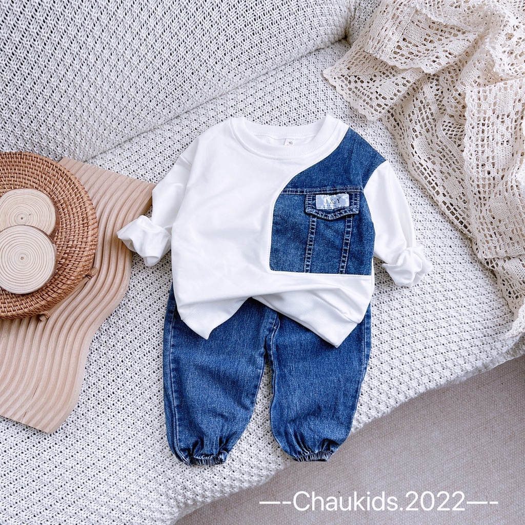 [SALE] Bộ Cotton Phối Jeans Bé Trai Túi Ngực, Bộ Quần Áo Cho Bé Mặc Đi Chơi CKTD14