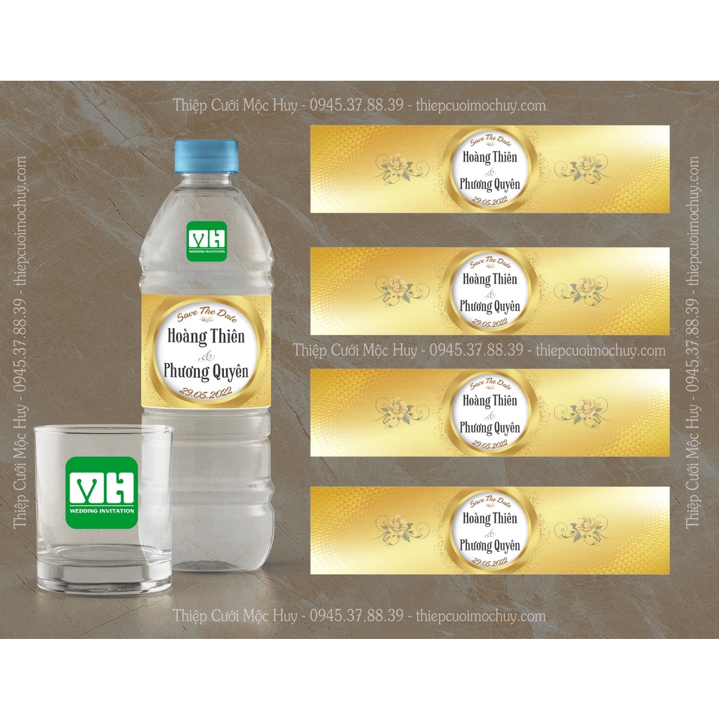 Combo 30 tem dán chai nước suối & 30 nơ nhỏ dán chai kèm theo