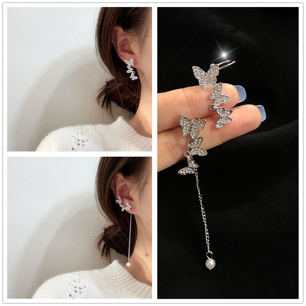 【COD】Khuyên tai dáng dài hình bướm đính đá Zircon không đối xứng cho nữ