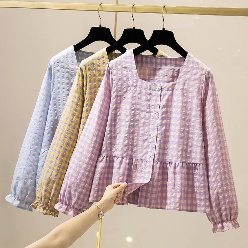 Áo Sơ Mi Caro Tay Dài Cổ Vuông Plus Size Dễ Phối Đồ Cho Nữ