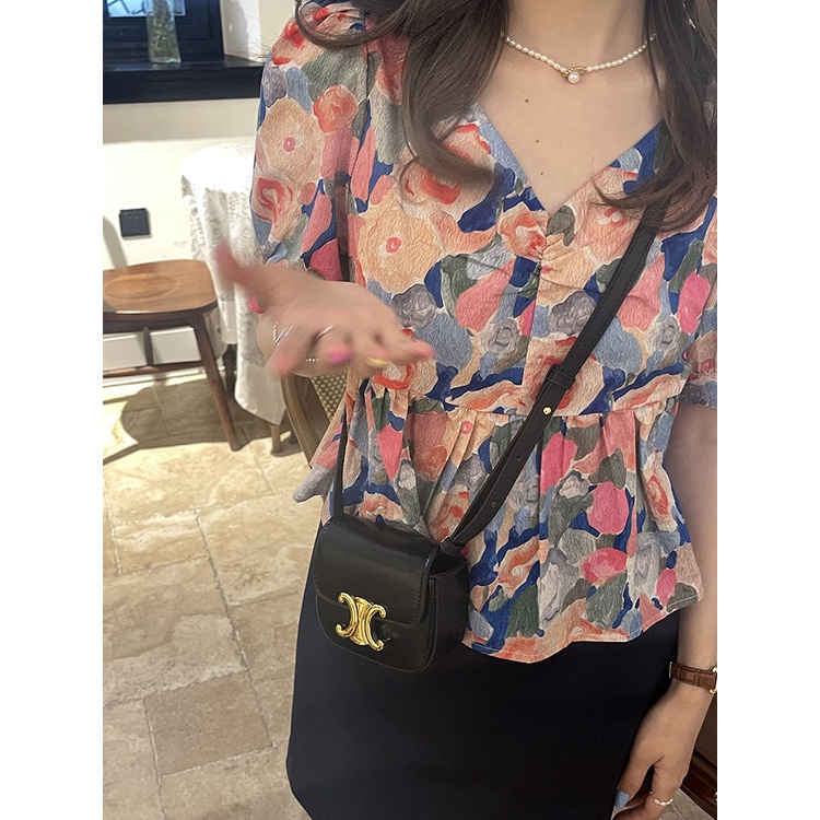 Áo Sơ Mi Tay Ngắn Phồng Họa Tiết Hoa Thời Trang Dành Cho Nữ