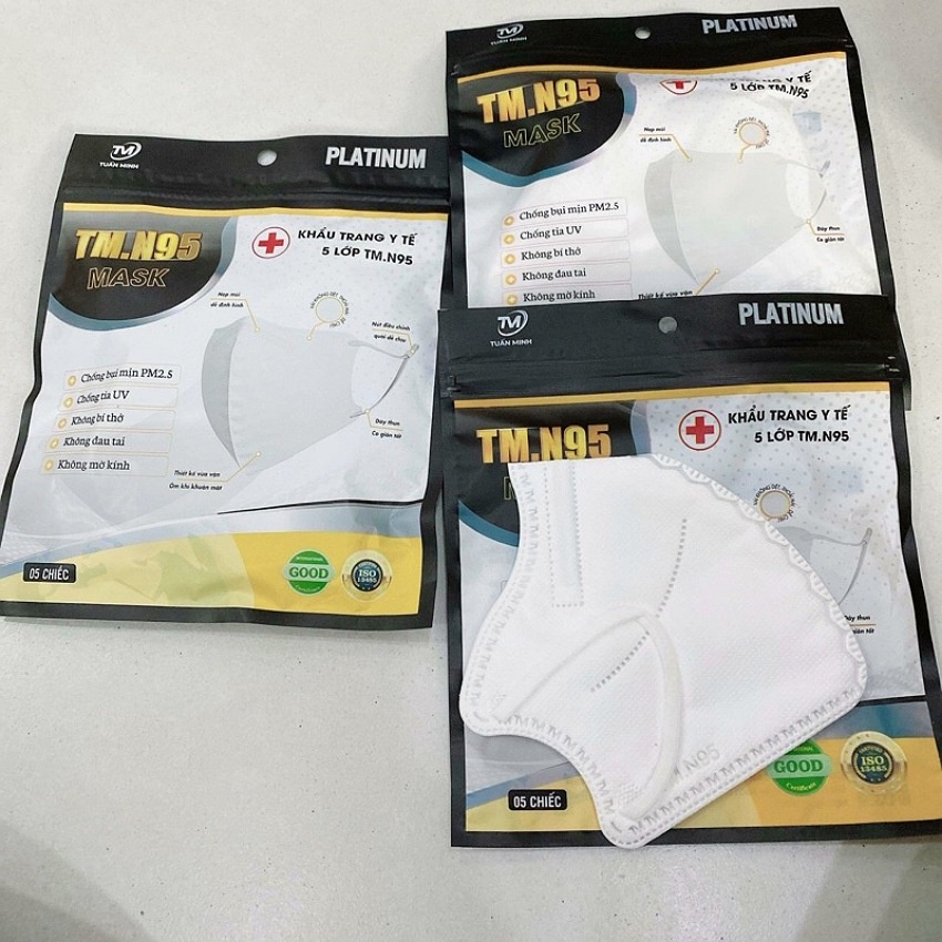 Khẩu trang 6D Tuấn Minh Platinum, túi 10 cái, khẩu trang N95 thiết kế mới, cấu tạo 5 lớp kháng khuẩn 99%, nhiều màu đẹp