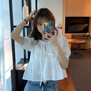 Áo trắng thiết kế rỗng buộc dây tay phồng ngắn kiểu Pháp phong cách Hàn Quốc mùa hè cho nữ