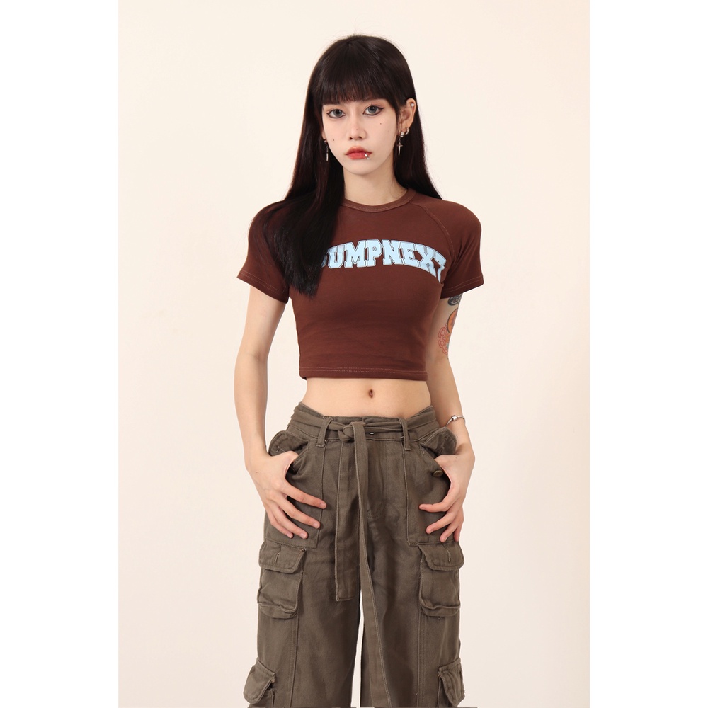 Áo thun lửng ngắn tay hở rốn phong cách Mỹ cổ điển thời trang dành cho nữ