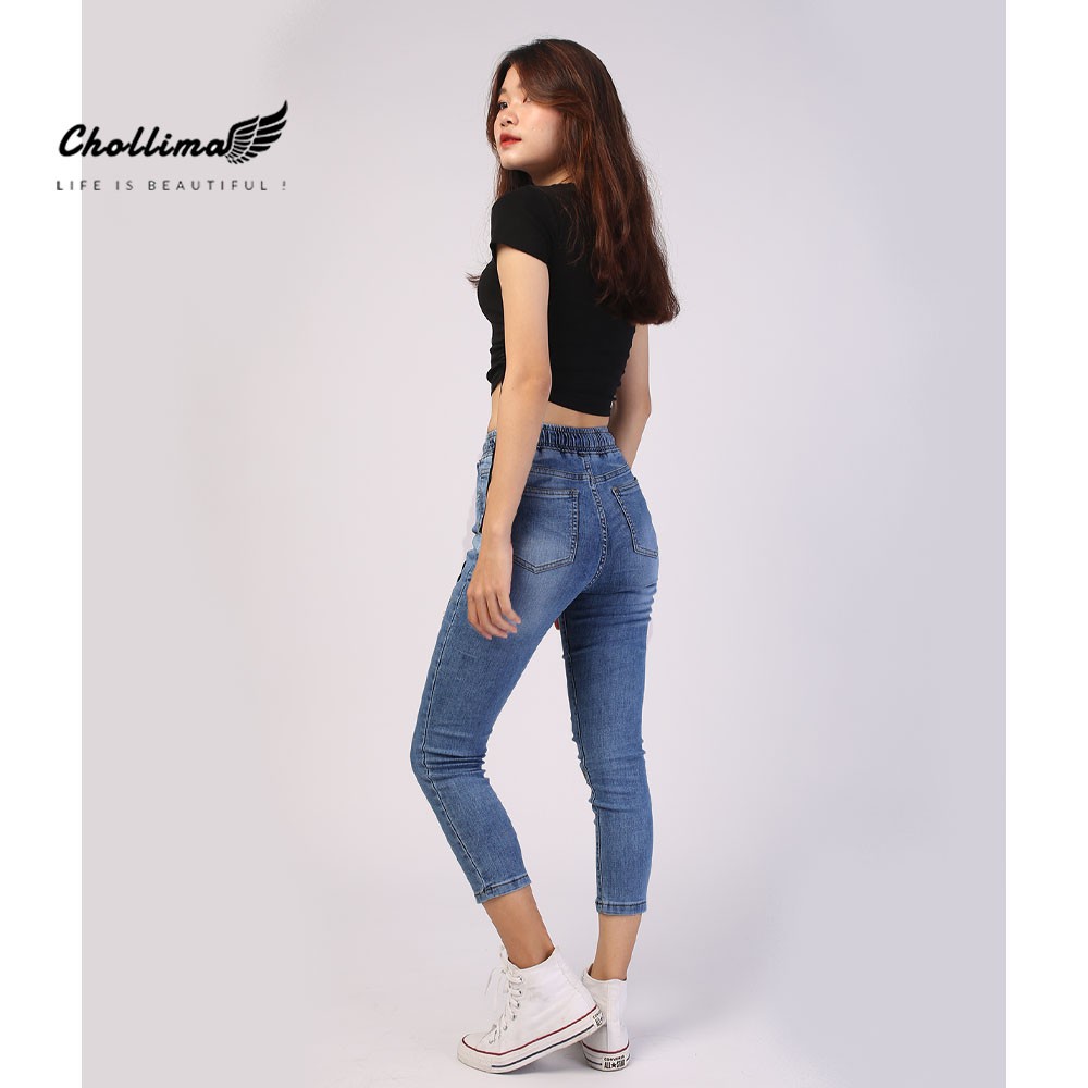 Quần jeans nữ lưng thun Chollima thêu cô gái QD021 - Quần bò 9 tấc lưng thun | BigBuy360 - bigbuy360.vn