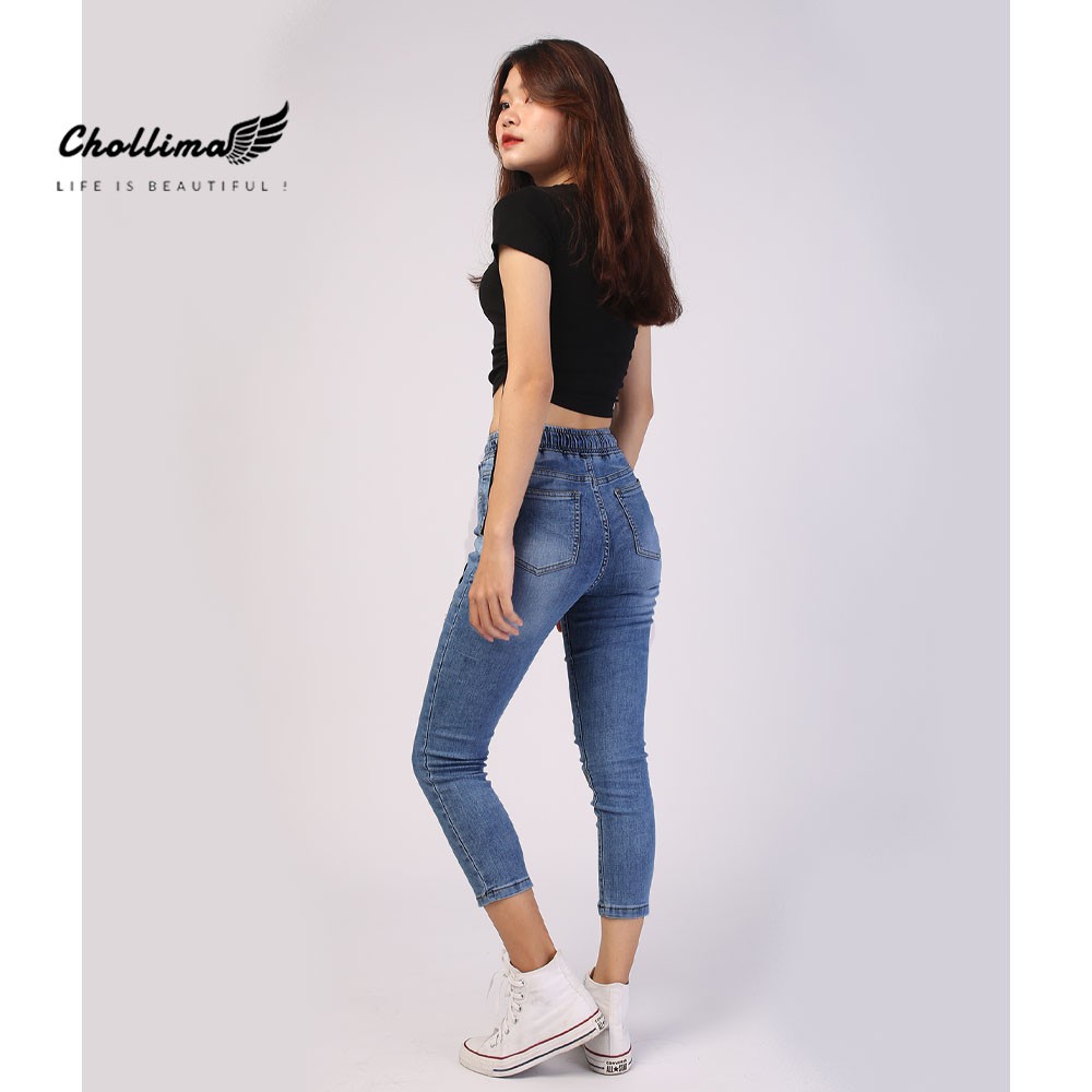 Quần jeans nữ lưng thun Chollima thêu cô gái QD021 - Quần bò 9 tấc lưng thun