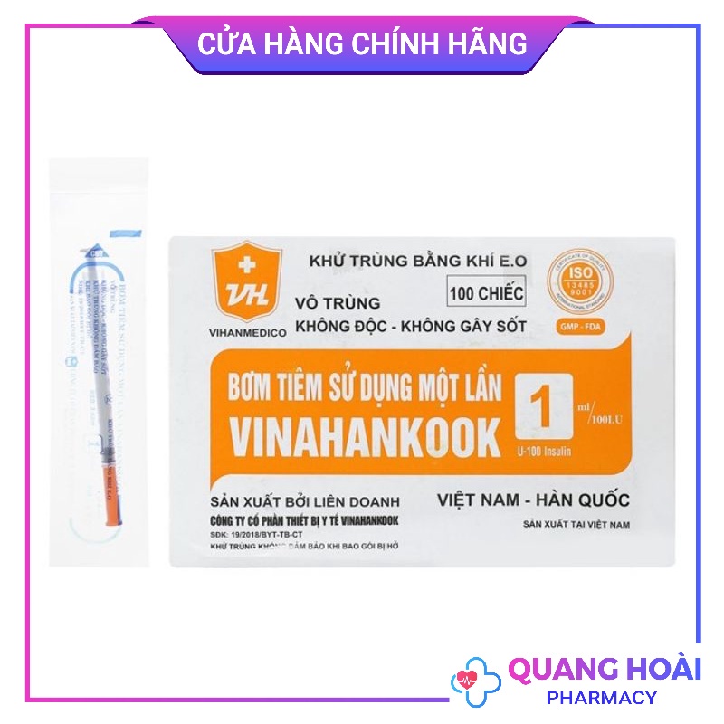 Bơm tiêm Tiểu Đường Insulin, Kim tiêm Thẩm Mỹ Spa 100iu Vinahankook ( Hộp 100 kim )