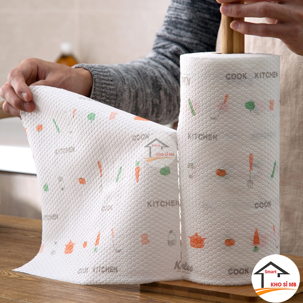 cuộn khăn khô đa năng siêu dai in họa tiết, khăn giấy lau bếp có thể giặt được kho sỉ mb