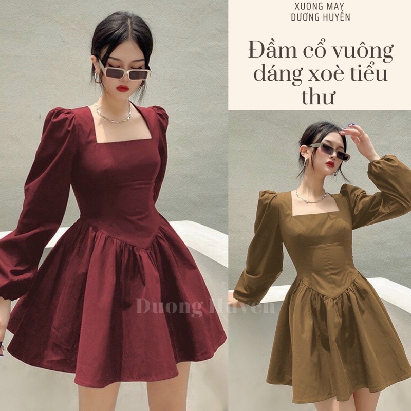 Váy cổ vuông dáng xoè chữ A, đầm tiểu thư cổ vuông mặc dịp Tết siêu xinh, chất vân gỗ PENNY- V113