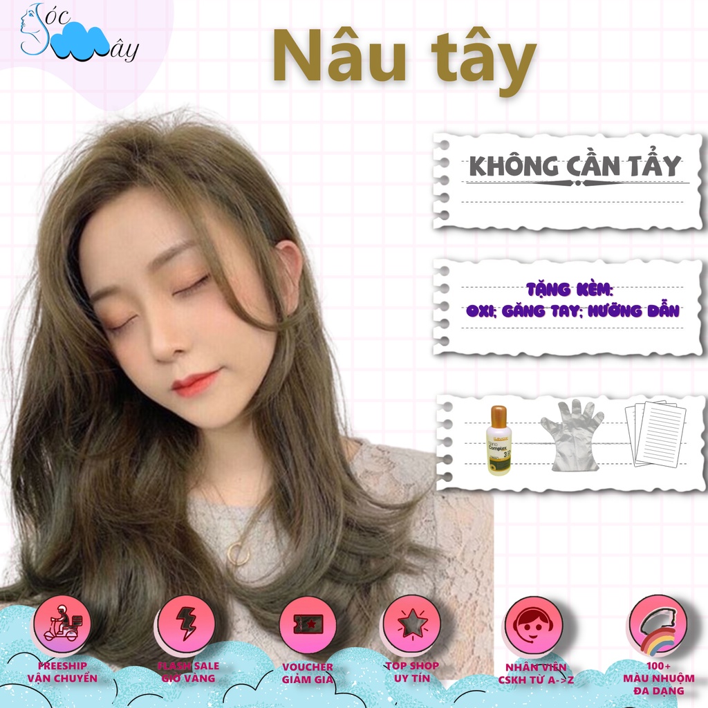 Nhuộm tóc màu Nâu Tây không cần tẩy siêu hót, tặng oxy (Nâu tây, Nâu tây)