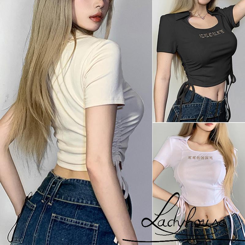 Áo Thun Croptop Ngắn Tay Thêu Chữ Phối Dây Rút Thời Trang Mùa Hè Cho Nữ