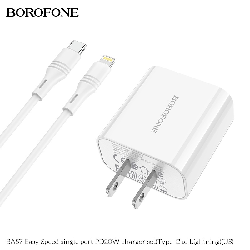 Sạc iPhone Borofone BA57 20W : Củ sạc nhanh 20W PD và dây sạc type-C to lightning tương thích iPhone 13,12,11,X,8,7,6