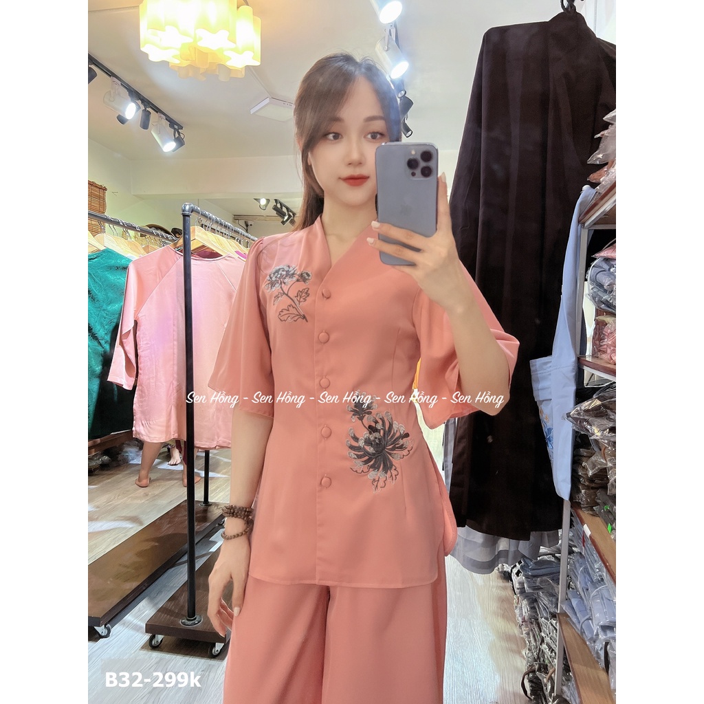 📿 ĐỒ LAM ĐI CHÙA - pháp phục nữ vải cotton lạnh # mẫu quần áo phật tử thêu hoa cúc thanh lịch B31