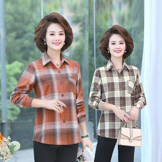 Áo sơ mi caro tay dài thời trang cho phụ nữ trung niên