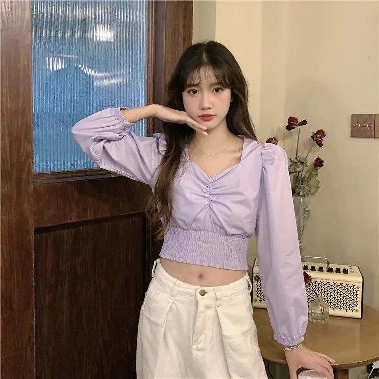 Áo Croptop Tay Phồng Dài Kiểu Hàn Quốc Thời Trang Mùa Thu 2020 Cho Nữ