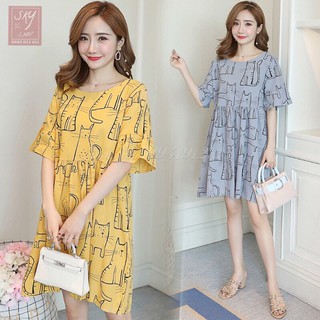 Đầm bầu, váy bầu thời trang hè Phong Cách Hàn Quốc, tay lỡ họa tiết Mèo Hoạt Hình dễ thương (có ảnh thật) hàng QC