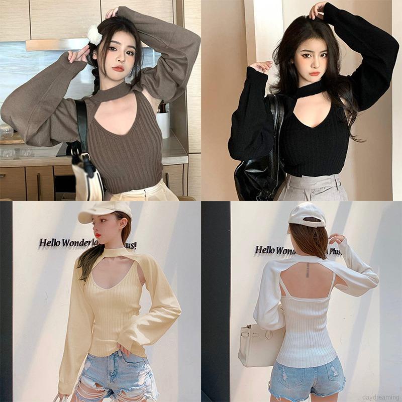 Áo Sweater Tay Dài Cổ Tròn Hở Lưng Màu Sắc Thanh Lịch