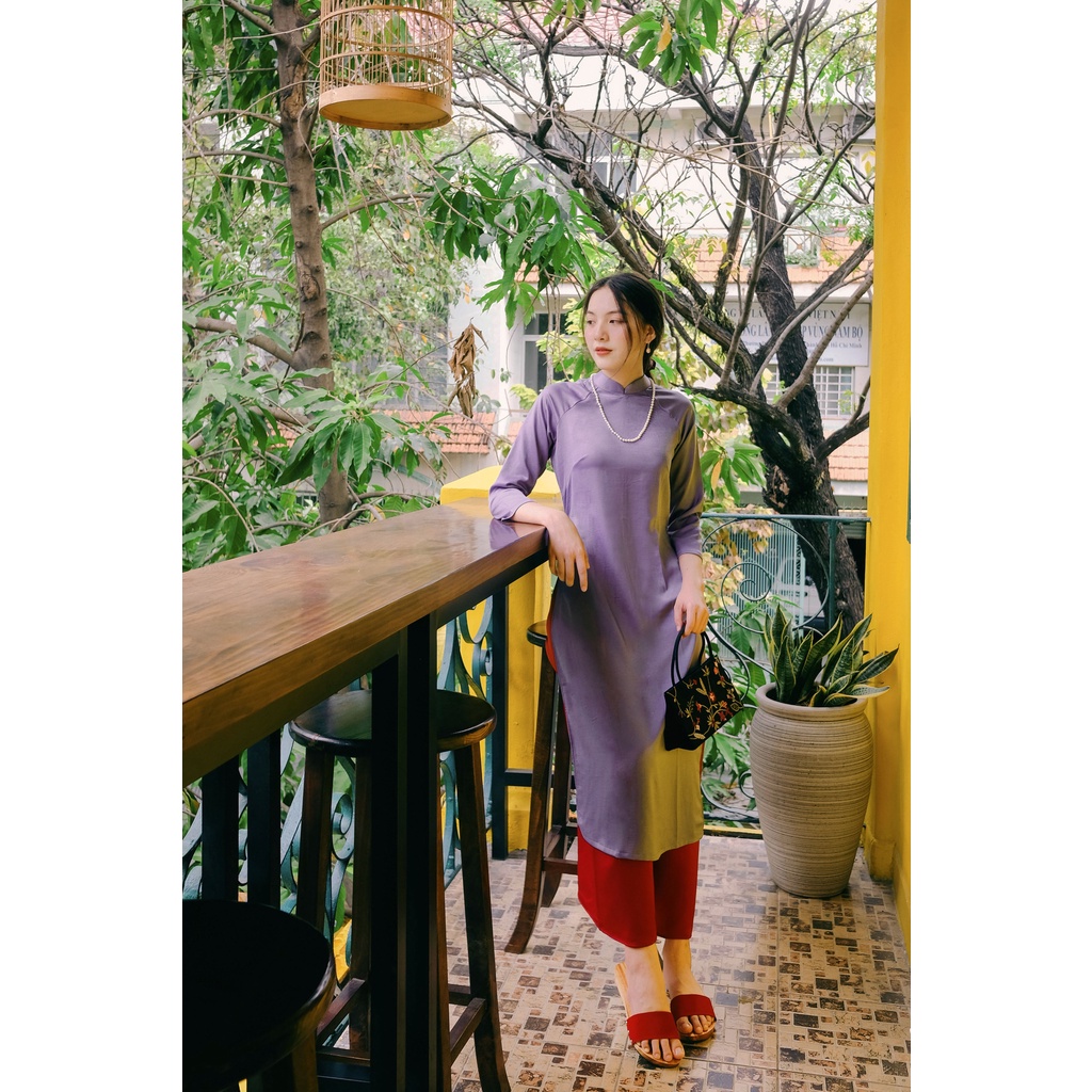 Set Áo Dài Rosemary Lụa Tây tThi Tím Đậm