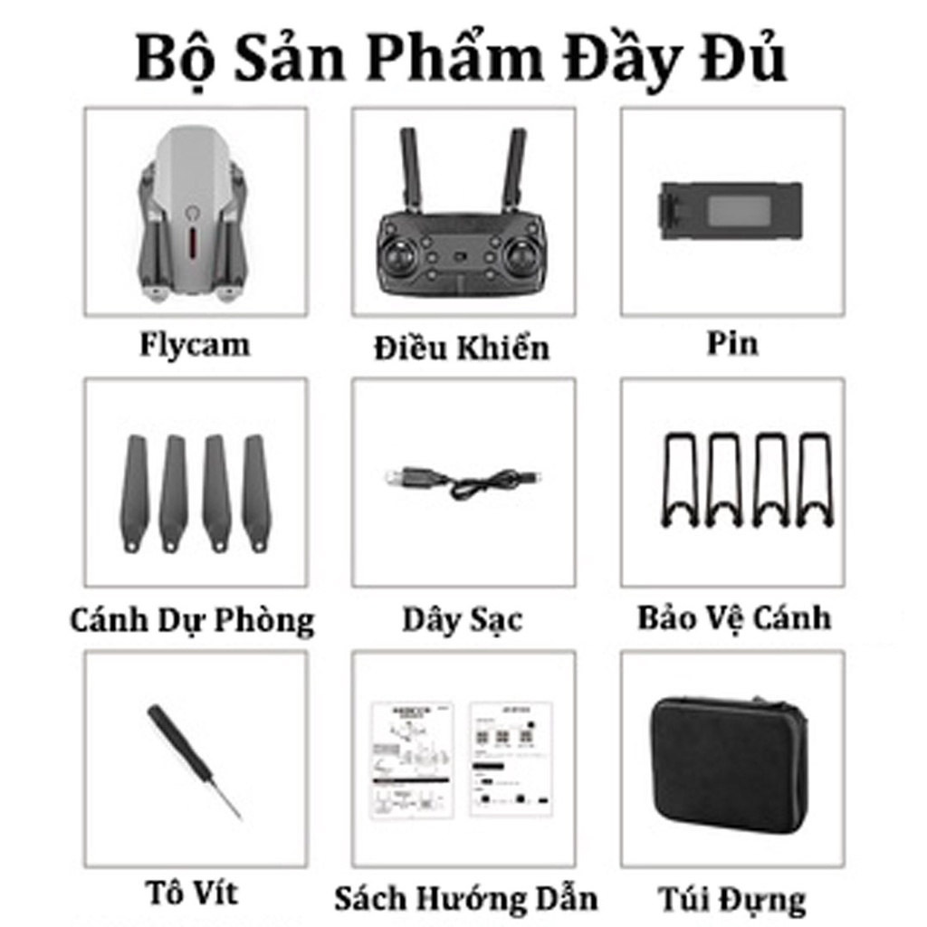 Flycam Mini Giá Rẻ E88/E58, Drone Camera 4k Máy Bay Điều Khiển Từ Xa 4 Cánh Pin Khỏe Bay 200M