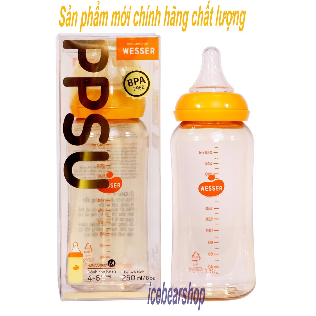 Bình sữa PPSU Wesser 250ml cổ thường ( núm đi kèm size M)