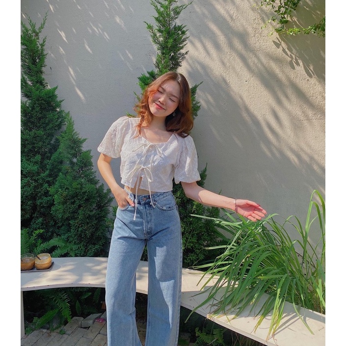Áo croptop hoa tay phồng cột nơ Smiley Top LUCETFASHION Smiley