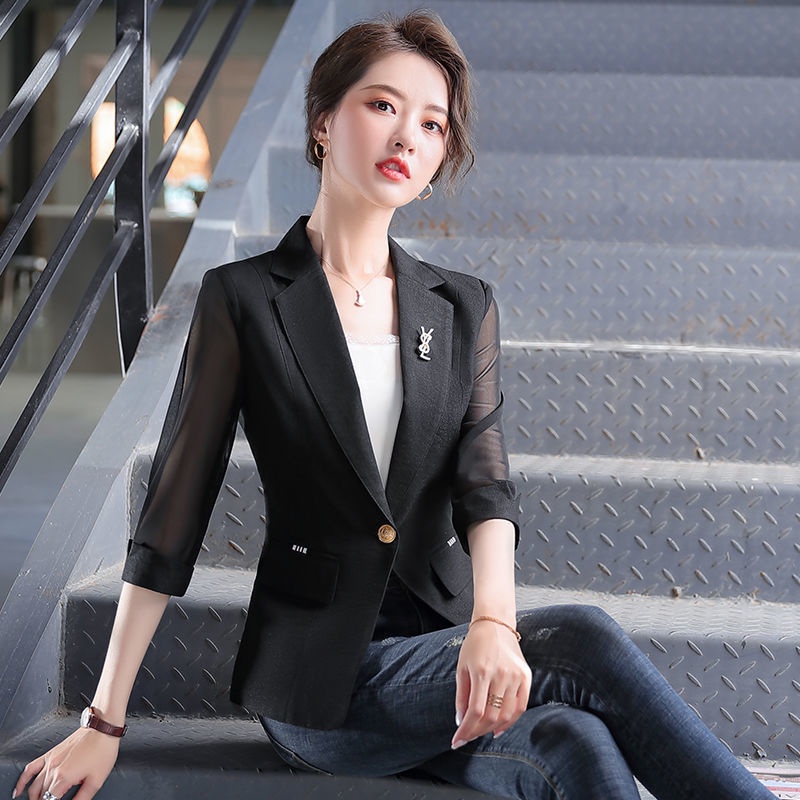 Áo khoác vest tay lỡ 3 / 4 phối lưới mỏng dáng ôm phong cách Hàn Quốc thời trang xuân hè cho phụ nữ