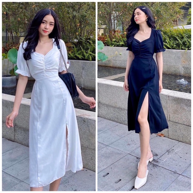 Đầm váy nhúng ngực xẻ tà 2 màu