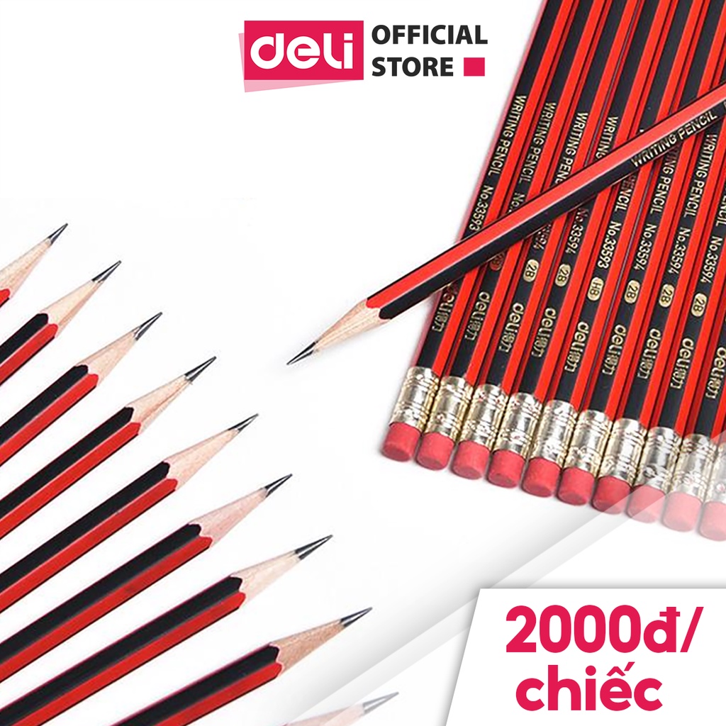 Vỉ 10 bút chì lục giác Deli 2B/HB kèm đầu tẩy - chất liệu gỗ an toàn dễ gọt phù hợp với học sinh văn phòng 33158