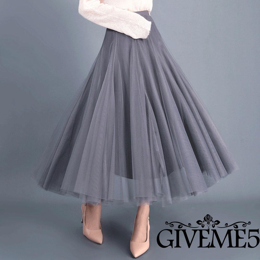 Chân váy maxi dài lưng cao vải lưới tuyn nhiều lớp cho nữ
