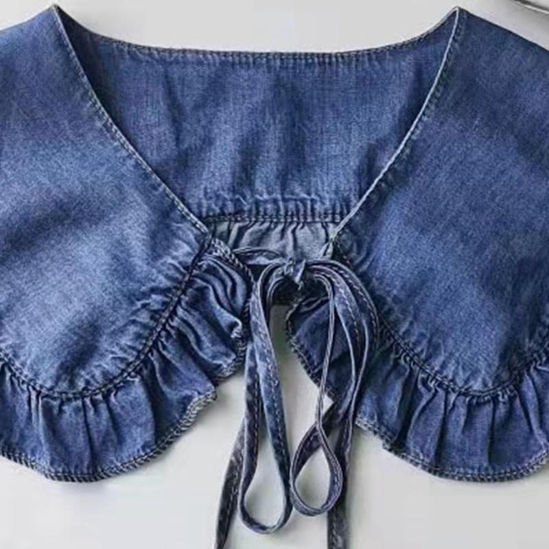 Khăn Choàng Cổ Giả Vải Denim Phối Bèo Cột Dây Phong Cách Vintage Cho Nữ