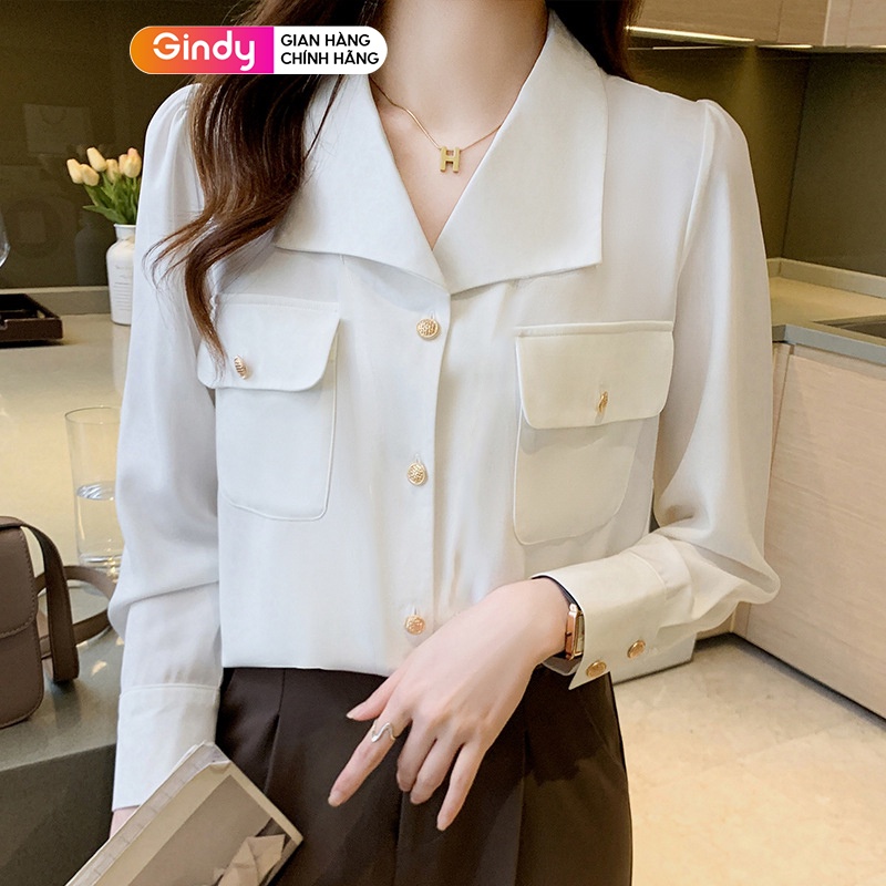 Áo sơ mi nữ tay dài màu trơn phong cách hàn quốc GINDY cổ bẻ basic thời trang công sở sinh viên học sinh A6124