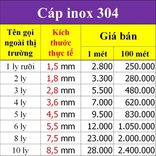 Cáp inox 304 (1,5 ly, 2 ly, 3 ly, 4 ly)