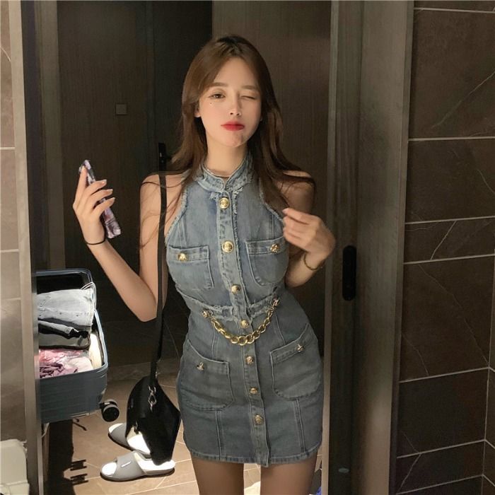 Jiashucheng Hàng Có Sẵn Đầm Denim Ngắn Dáng Chữ a Ôm Eo Sờn Phong Cách Mới 2022 Mùa Hè Cho Nữ