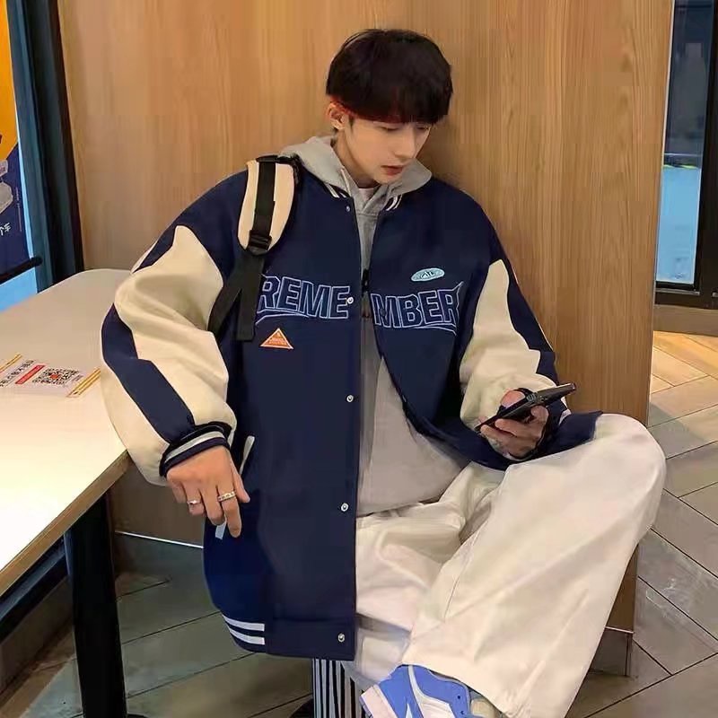 Áo khoác bóng chày vải cotton dáng rộng in chữ kiểu hip-hop Hàn Quốc cá tính dành cho học sinh