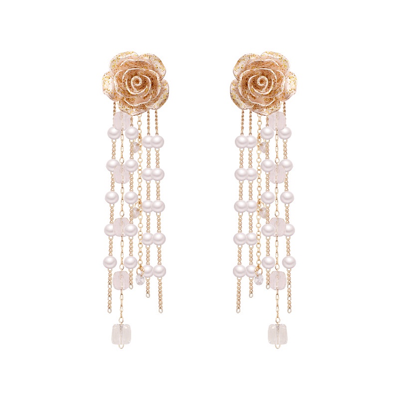 Bông Tai Mạ Bạc 925 Dáng Dài Phối Tua Rua Hình Hoa Đính Ngọc Trai Phong Cách Retro