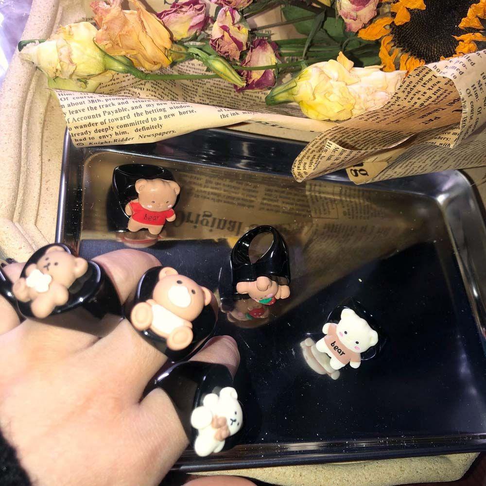 Nhẫn Đeo Ngón Tay Hình Thỏ / Gấu Màu Đen / Kaki Kiểu Hàn Quốc Thời Trang Cho Nữ