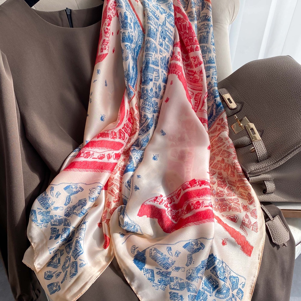 Khăn Choàng Lụa Dáng Dài Chống Nắng In Họa Tiết Thành Phố Thời Trang Cho Nữ