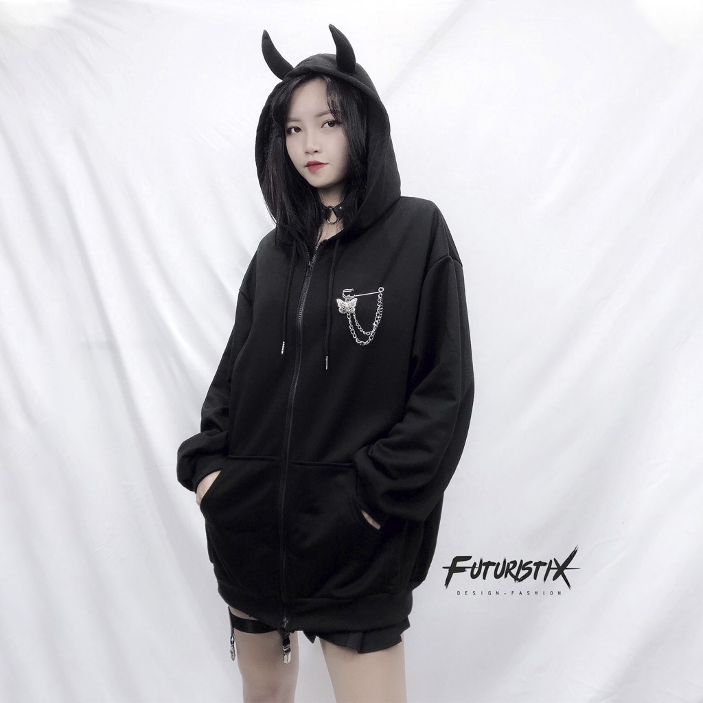 Chân Váy Xếp Lý Sét Cùng Áo Khoác Nữ Hoodie Sừng Đính Kim Băng Futuristix - All Black