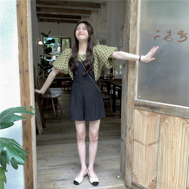 Bộ Áo Liền Quần Tay Phồng Họa Tiết Chấm Bi 53130 Phong Cách Retro Pháp Thời Trang Cho Nữ