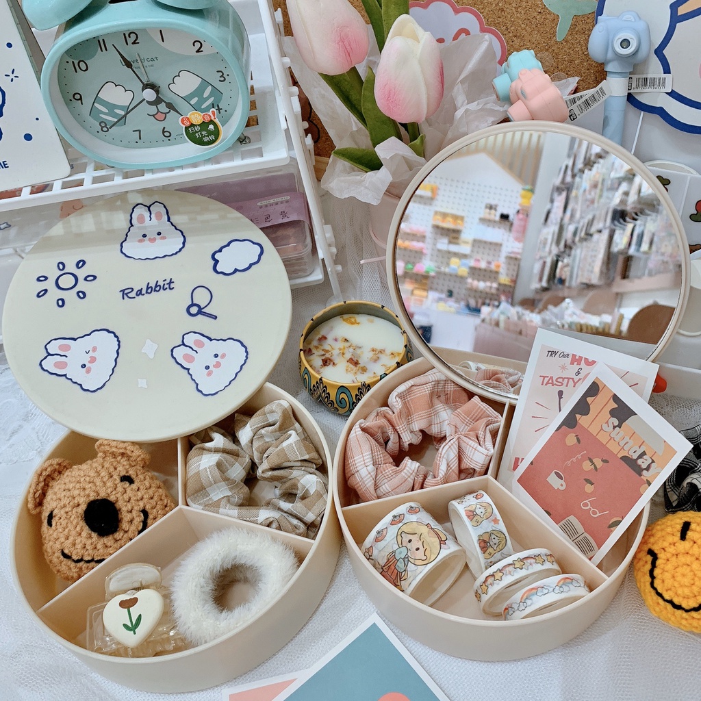 Hộp đựng mỹ phẩm, hộp đựng đồ dùng kèm gương hình thỏ dễ thương
