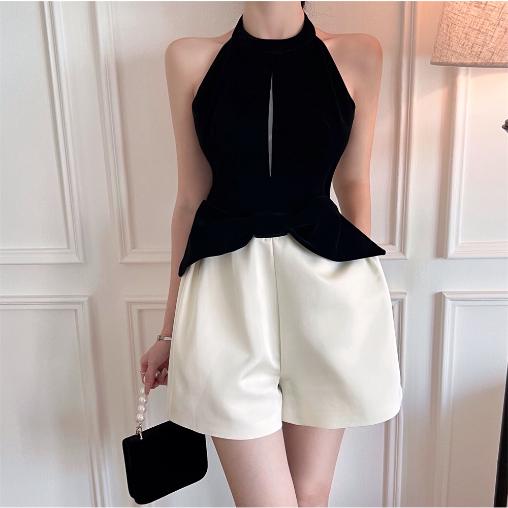Áo Liền Quần Ngắn Hai Dây Đính Nơ Màu Sắc Tương Phản Phong Cách Pháp Dành Cho Nữ