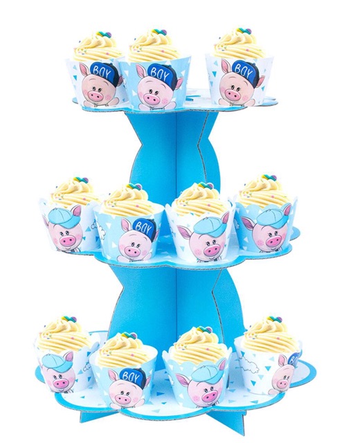 Tháp bánh 3 tầng , tem cắm + ly cupcake mẫu bé trai.