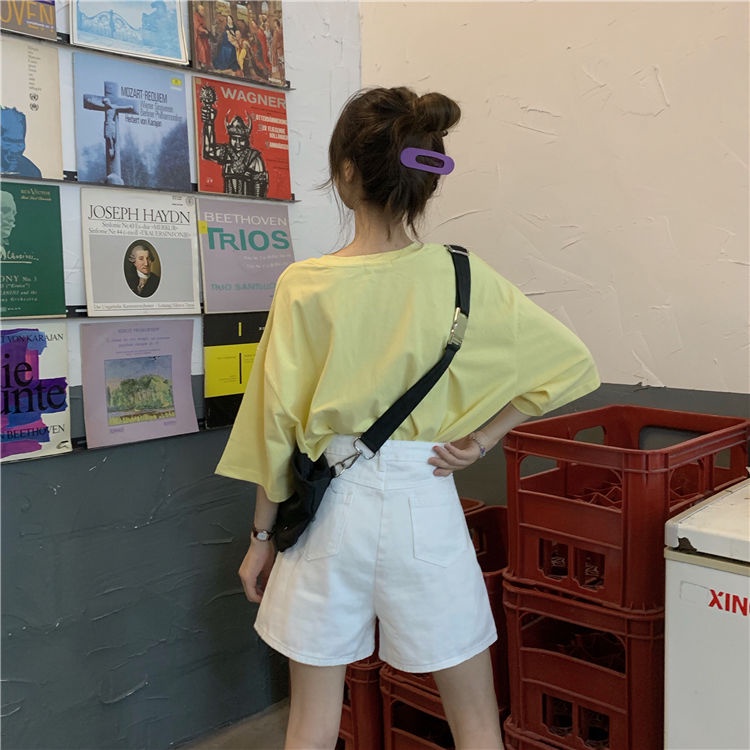 Quần Short Denim Lưng Cao Ống Rộng Màu Trắng Thời Trang Mùa Hè Phong Cách Hàn Quốc Mới Cho Nữ